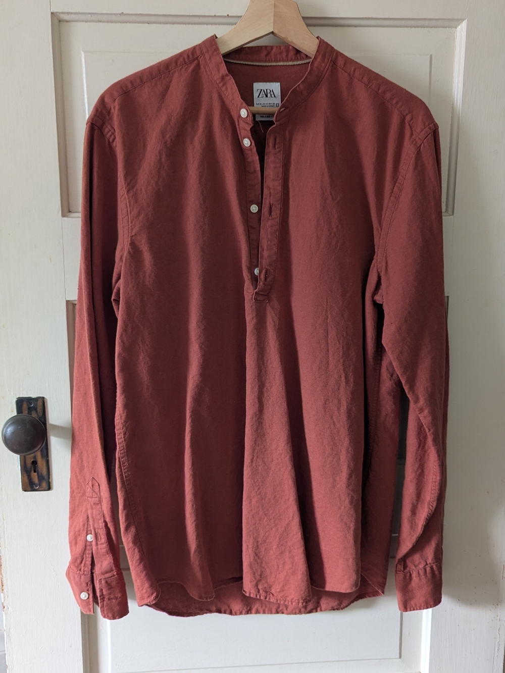 Zara Men’s Brick Red Grandad Collar Button-Front Shirt